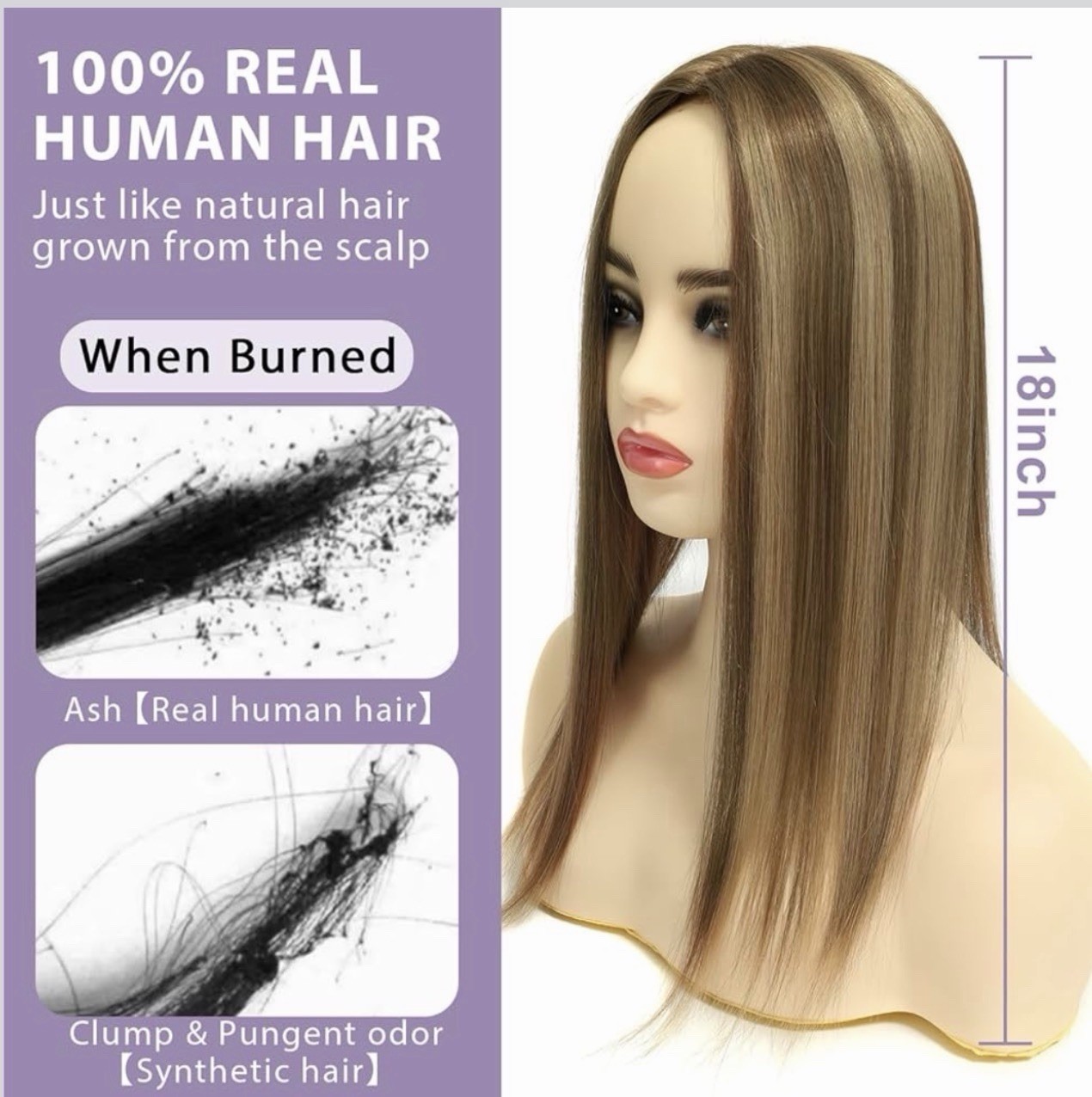 Topunique Human hair Topper 3×5 Inch Injected Silk Base 18 Inch Length