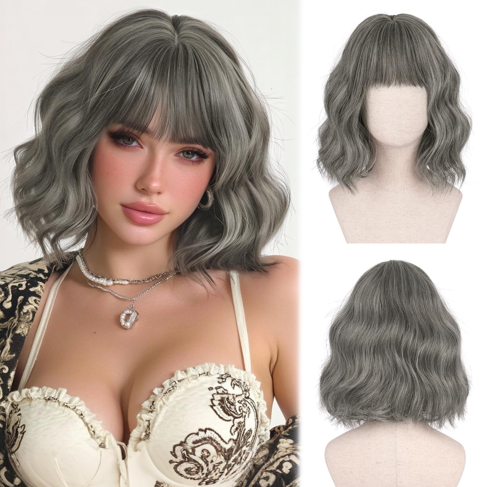 SOFEIYAN Short Silver Gray Brown Wig – 12 Inch Bob Wig with Bangs for Women Curl