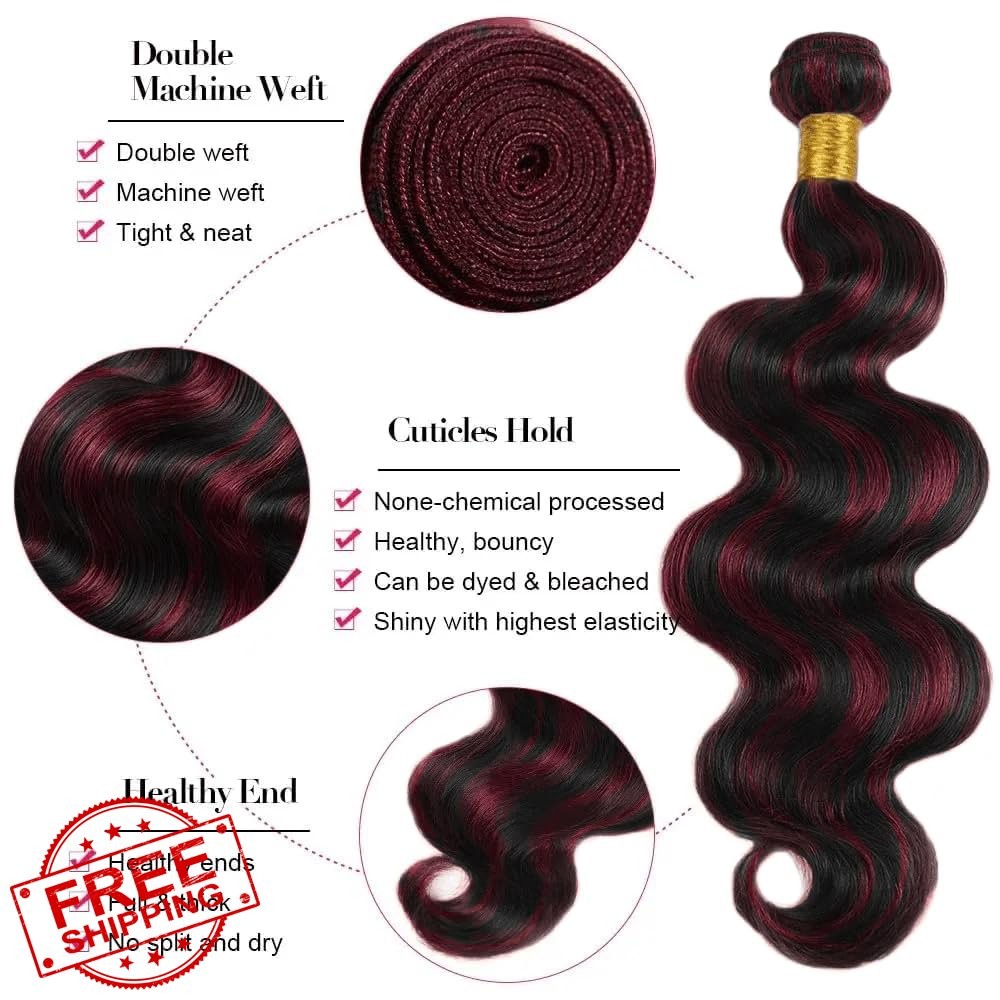 SUHKRPT 16 18 20 Inch Burgundy Highlight Bundles