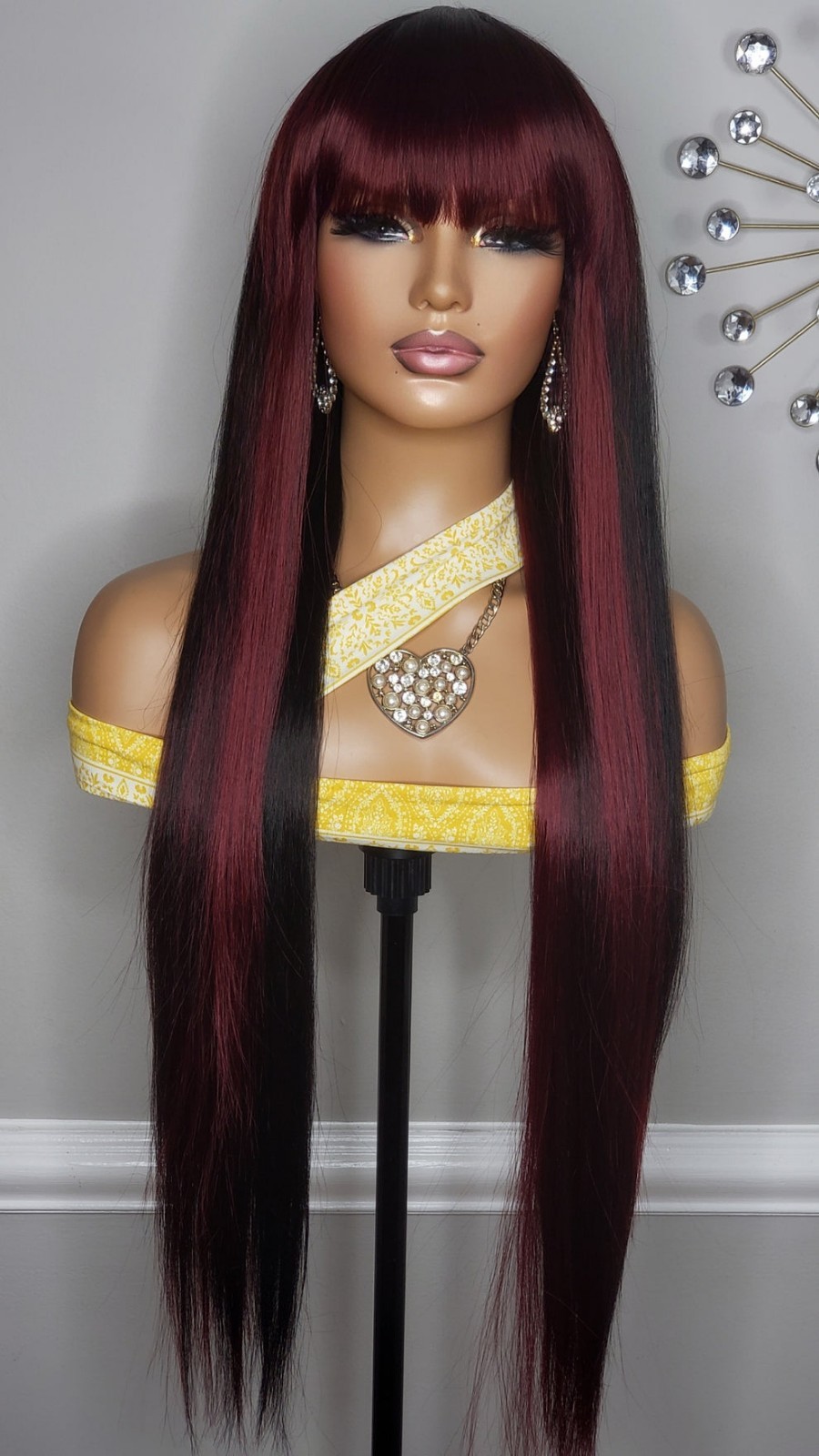 New Extra Long Straight Bang Style Burgundy Black 99J Red Wine Hair Full Cap Wig