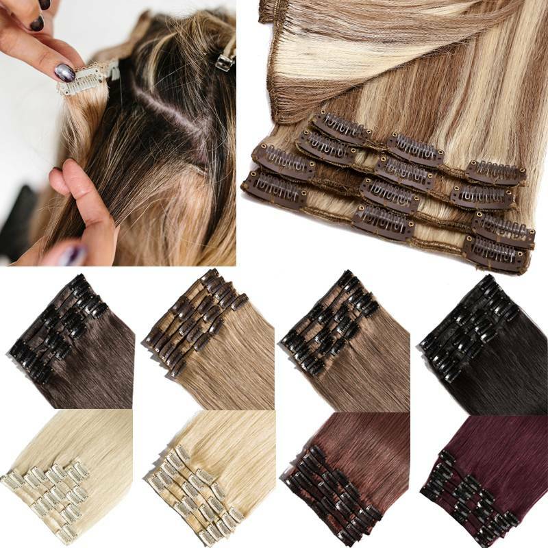 8PCS 18Clips 100% Human Hair Extensions Clip In 8pcs/Set Full Head Highlight