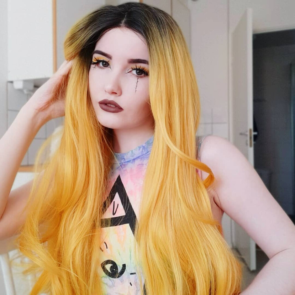 Long Straight Orange Yellow Lace Front Wigs with Dark Roots Lace Wigs