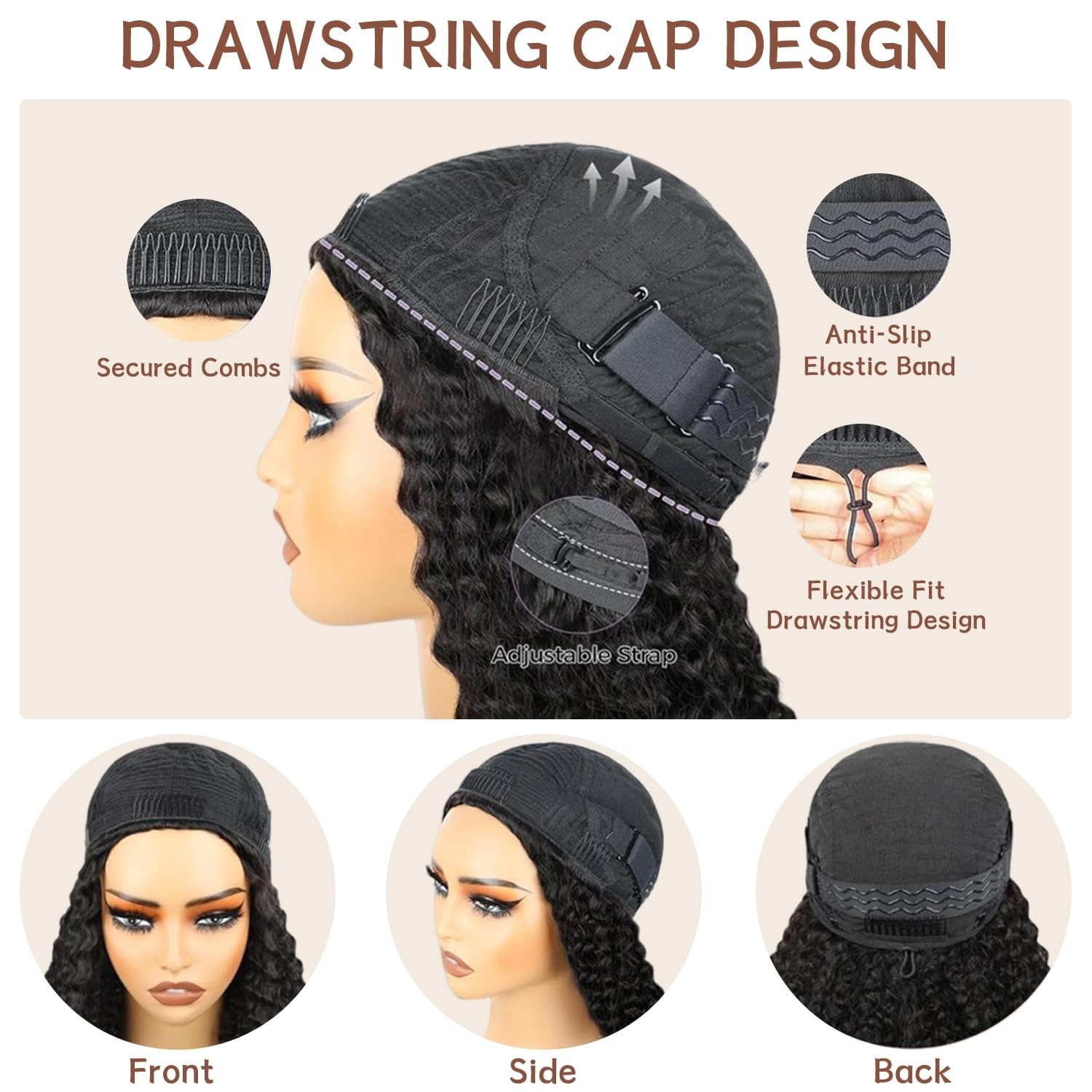Curly Half Wig 220 Density 100% Real Human Hair 18″ Glueless Wear & Go 3-in-1