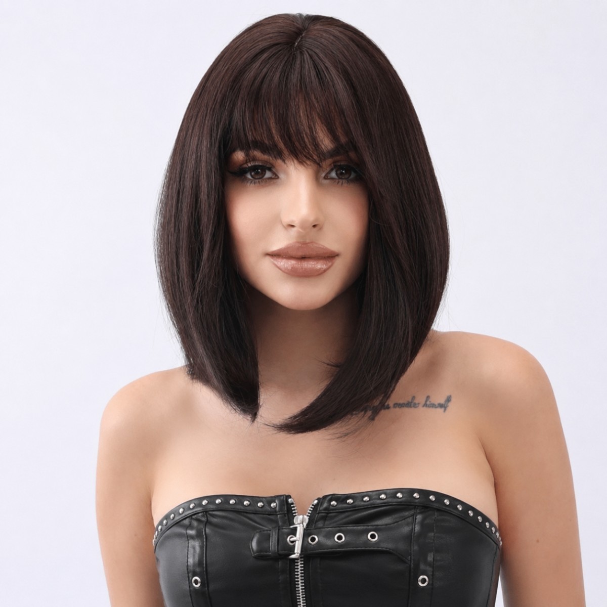 Costume Wigs With Fringe Short Straight Heat Resistant Hair Women Choc Brown