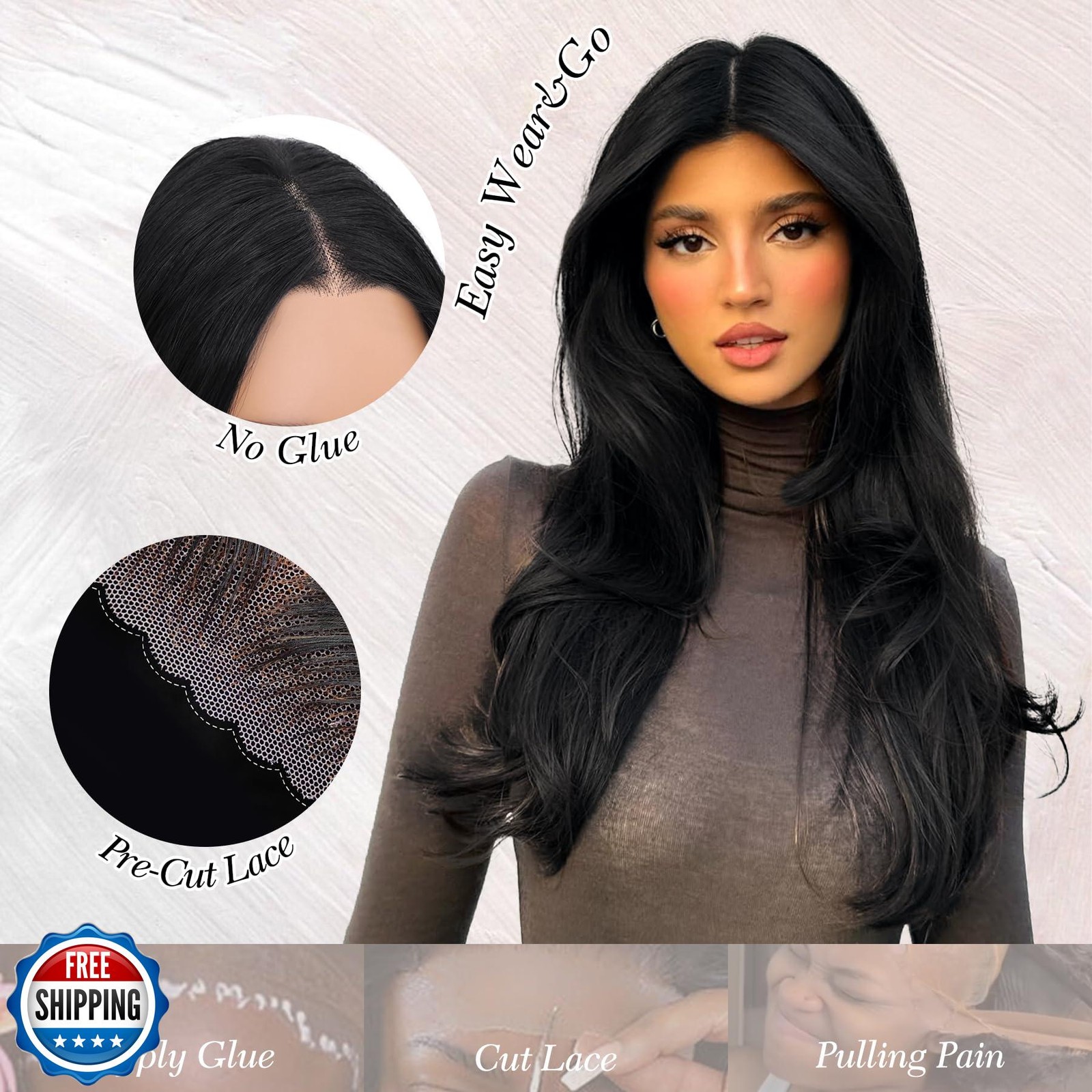 Black Wig-Synthetic Lace Front Wigs 13×4 Pre Plucked Pre Cut Wavy Wig Glueles