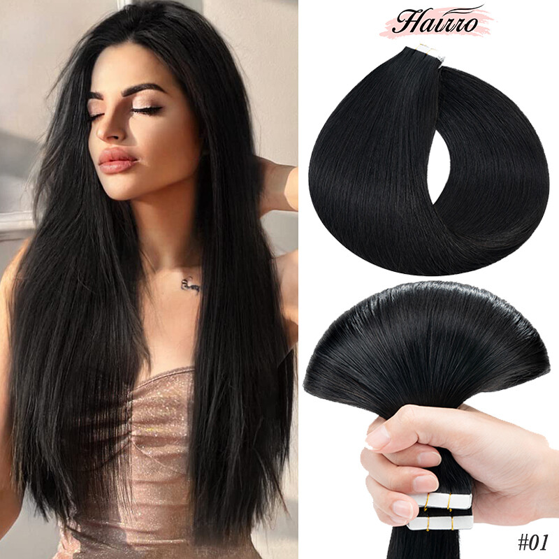 HAIRRO Bouncy Tape In Remy Hair Extensions Real Human Hair Seamless Thick Black