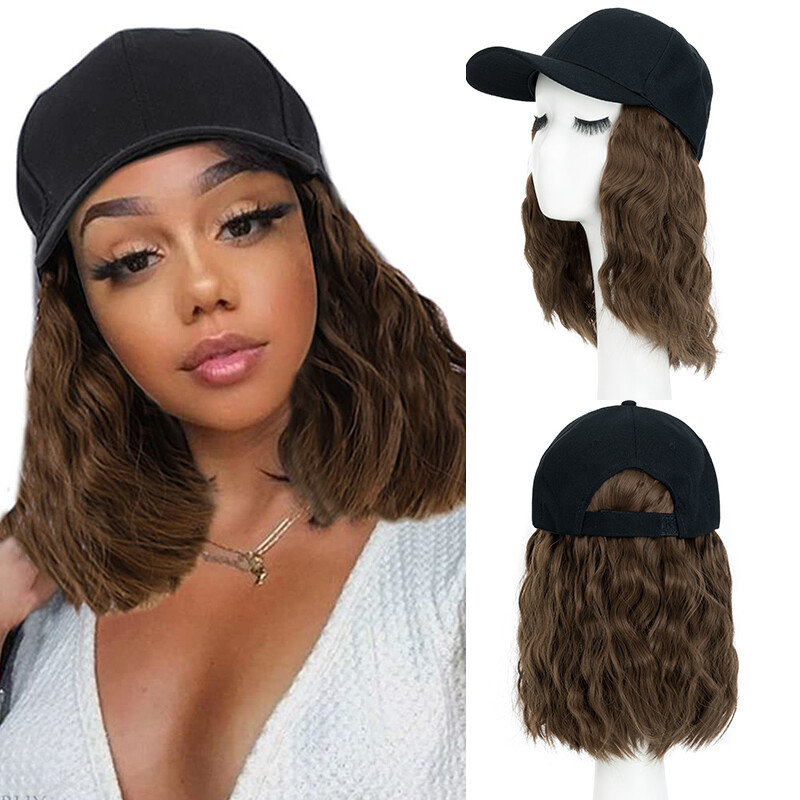 Short Bob Wavy Hairpiece With Hat Natural Hair Extensions as Human Baseball Cap