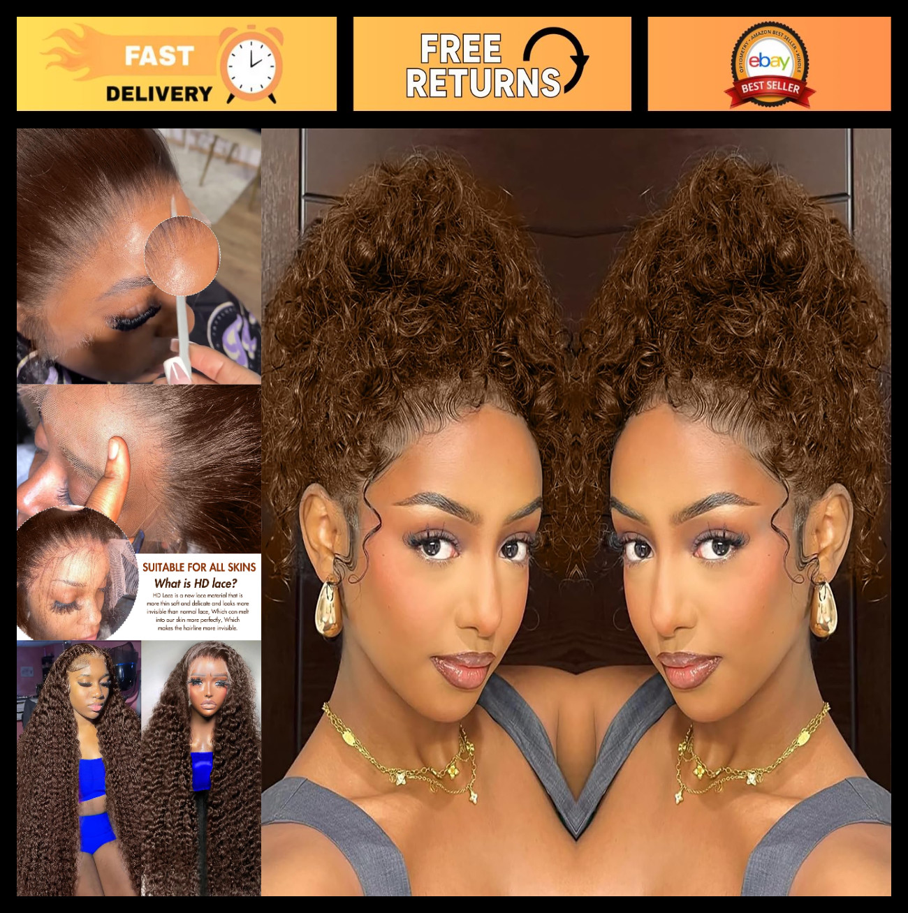 13×6 Curly HD Lace Frontal Wig, 250% Density Chocolate Brown, 20″ Human Hair, Ul
