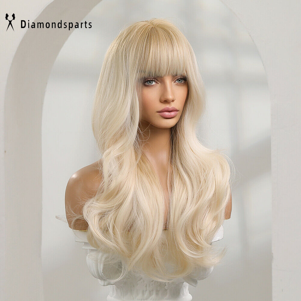 Women Fanshion Wig Long Wavy Platinum Blonde Hair Wigs with Bangs Daily Use US