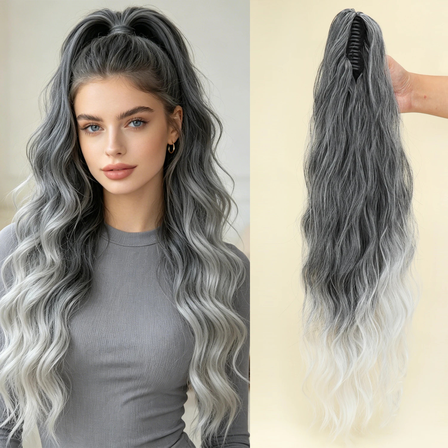 Fluffy Black Brown Water Wave Ponytail Extensions Synthetic Claw Clip for Women