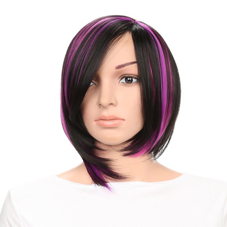 Women’s Black Purple Mix Short Straight Bob Wigs Side Bangs Synthetic Party Wig