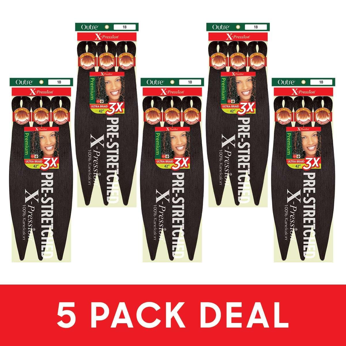 X-Pression Braid Pre Stretched Braid 42″ 3X (5 Pack, OFF BLACK 1B)