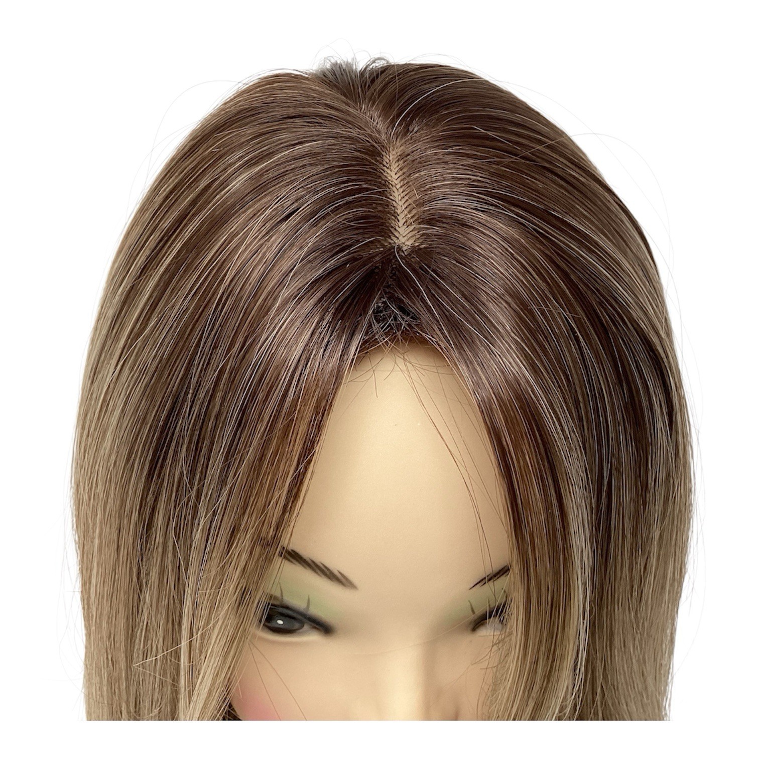 Ash Blond Wig 16” With Bangs Ombré Gradient Dark Roots Rooted Middle Part