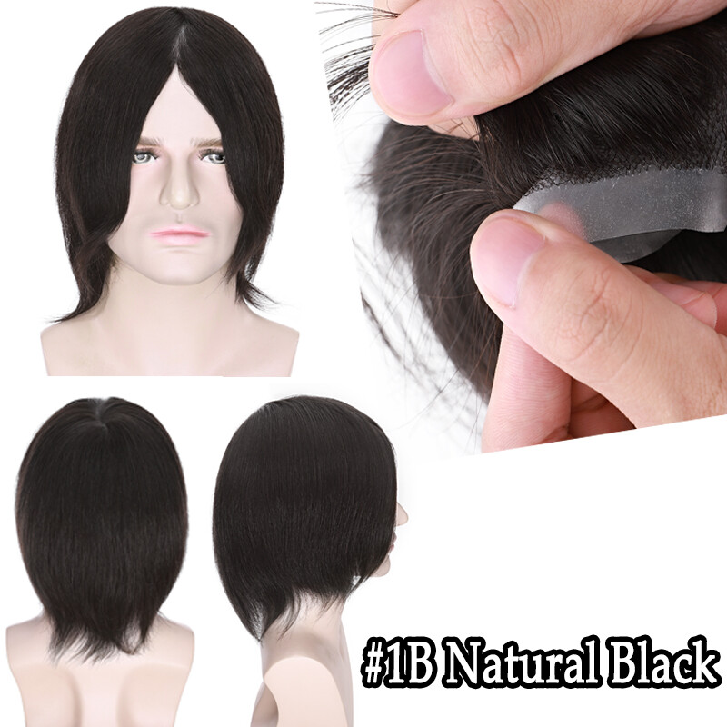 US French Lace Toupee Hair Mens Hairpiece 100% Human Hair Replacement System #1B