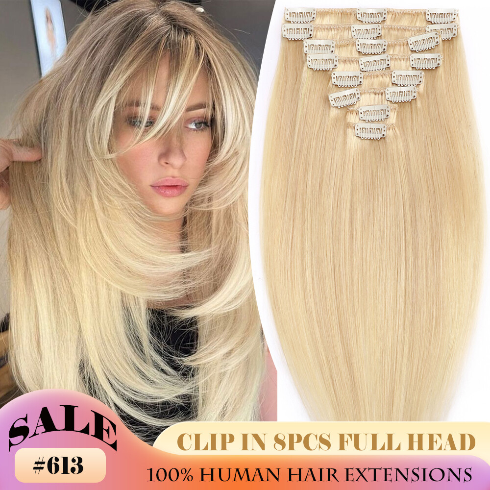 Russian 8 Pieces 100% Human Hair Extensions Clip In Real Remy Full Head Blonde A
