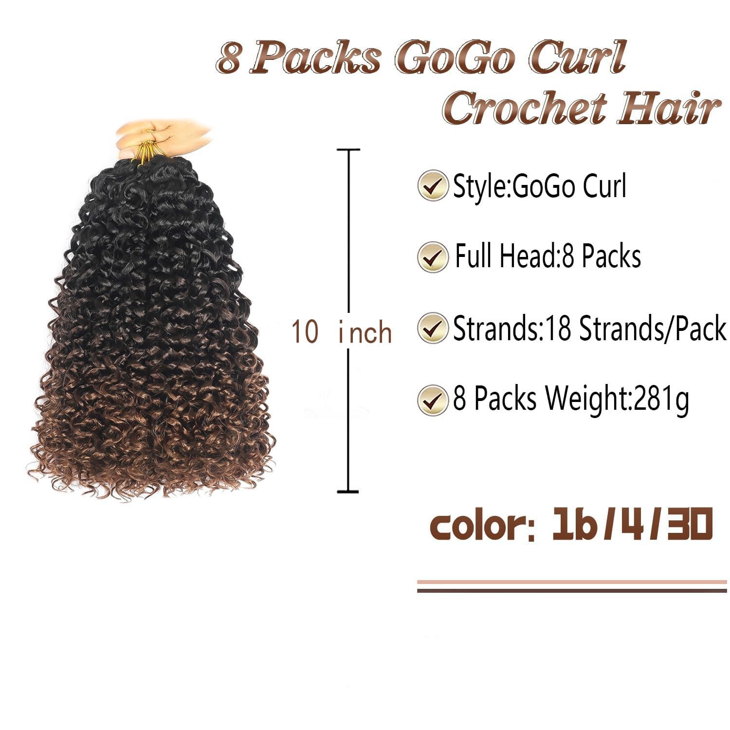 8 Packs GoGo Curl Crochet Hair 10 inch Short 10 Inch (Pack of 8), 1B/4/30#