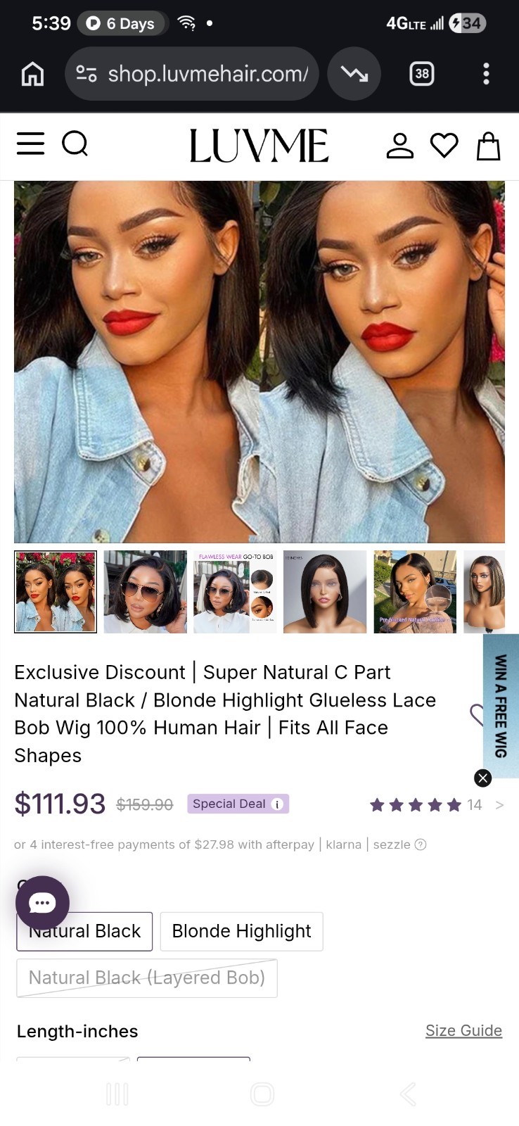 LUVME Glueless Lace Front Human Hair Bob Wig Straight Black/Blonde C-Part