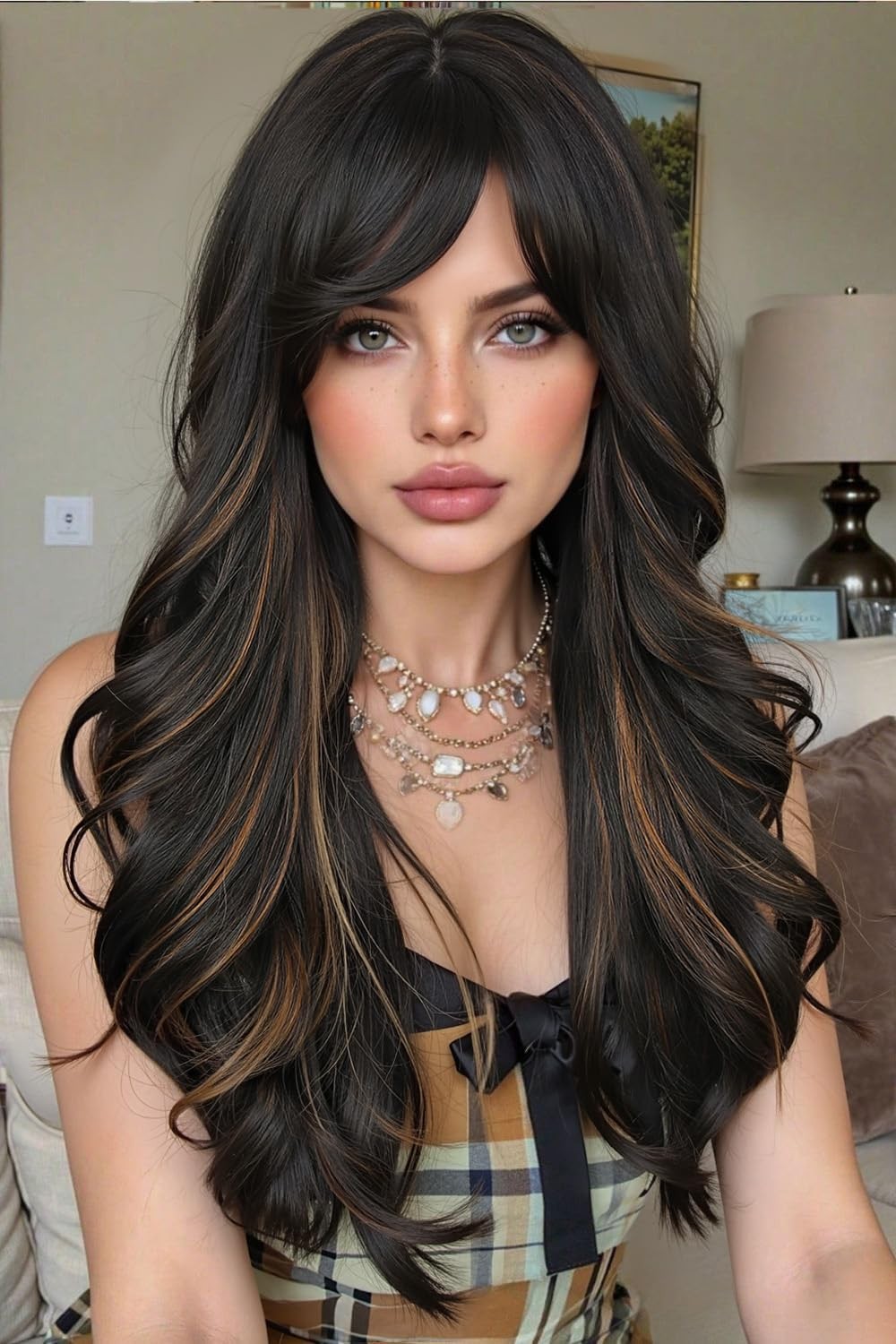 Brown Highlight Long Curly Wigs Layered Wavy Hair with Bangs Synthetic Full W…