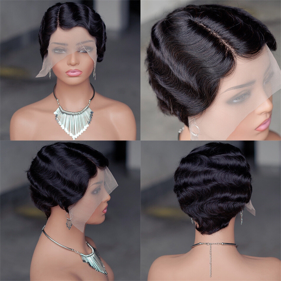 100% Human Hair Wigs For Women Pixie Cut Human Hair Finger Wave Wig