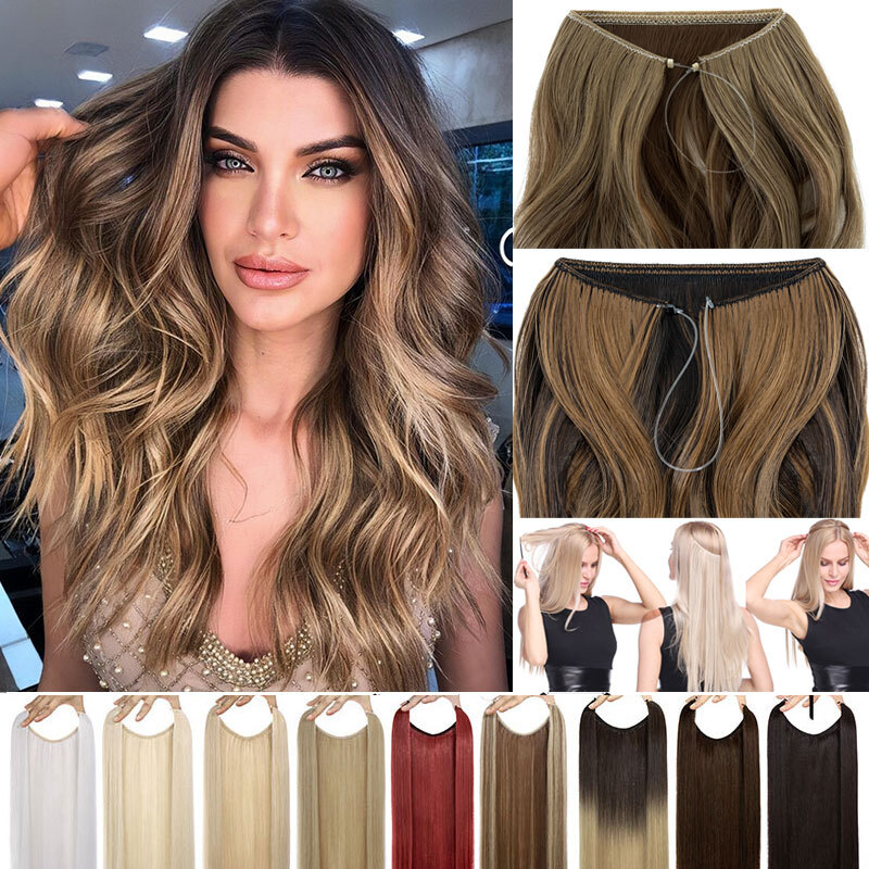 Balayage Clip in/No Clips Invisible Wire Hair Extensions Natural Thick & Ring US