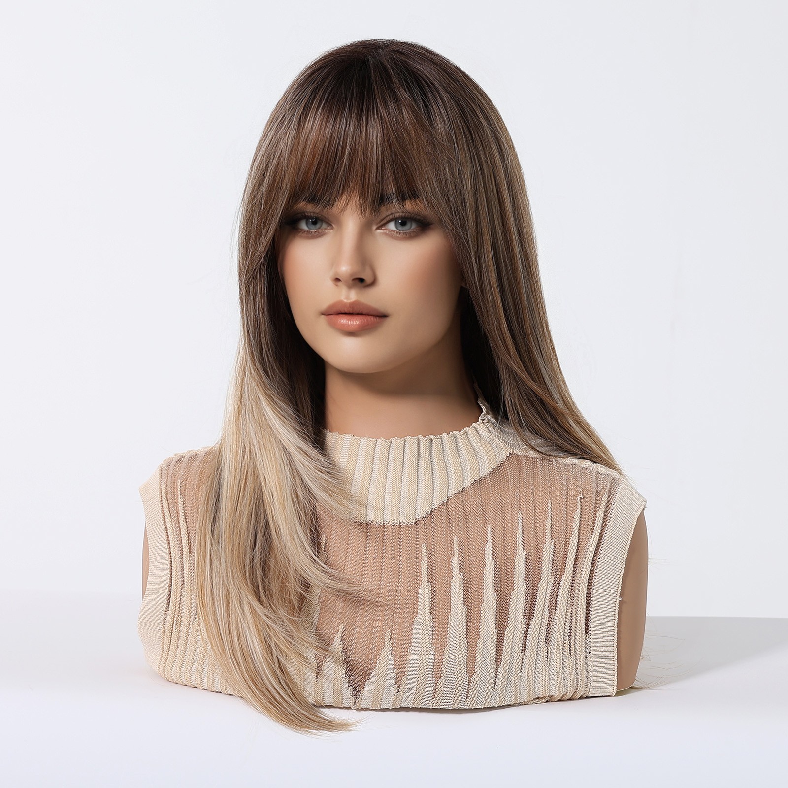 Black Brown Layered Long Straight Wig with Air Bangs Heat Resistant Synthetic