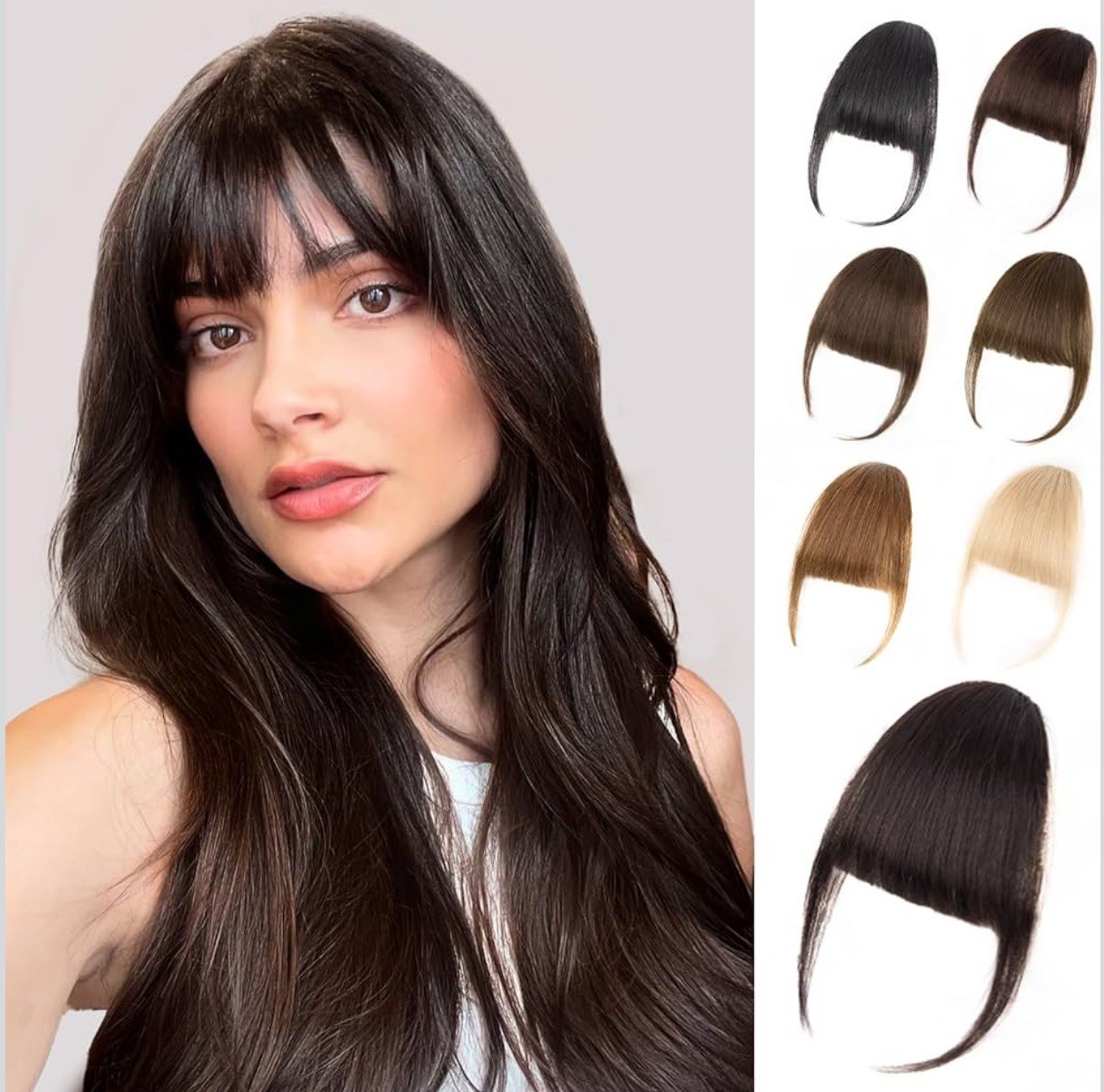 Real Human Hair Clip On Bangs Brown Black Wispy Fringe w/ Temples
