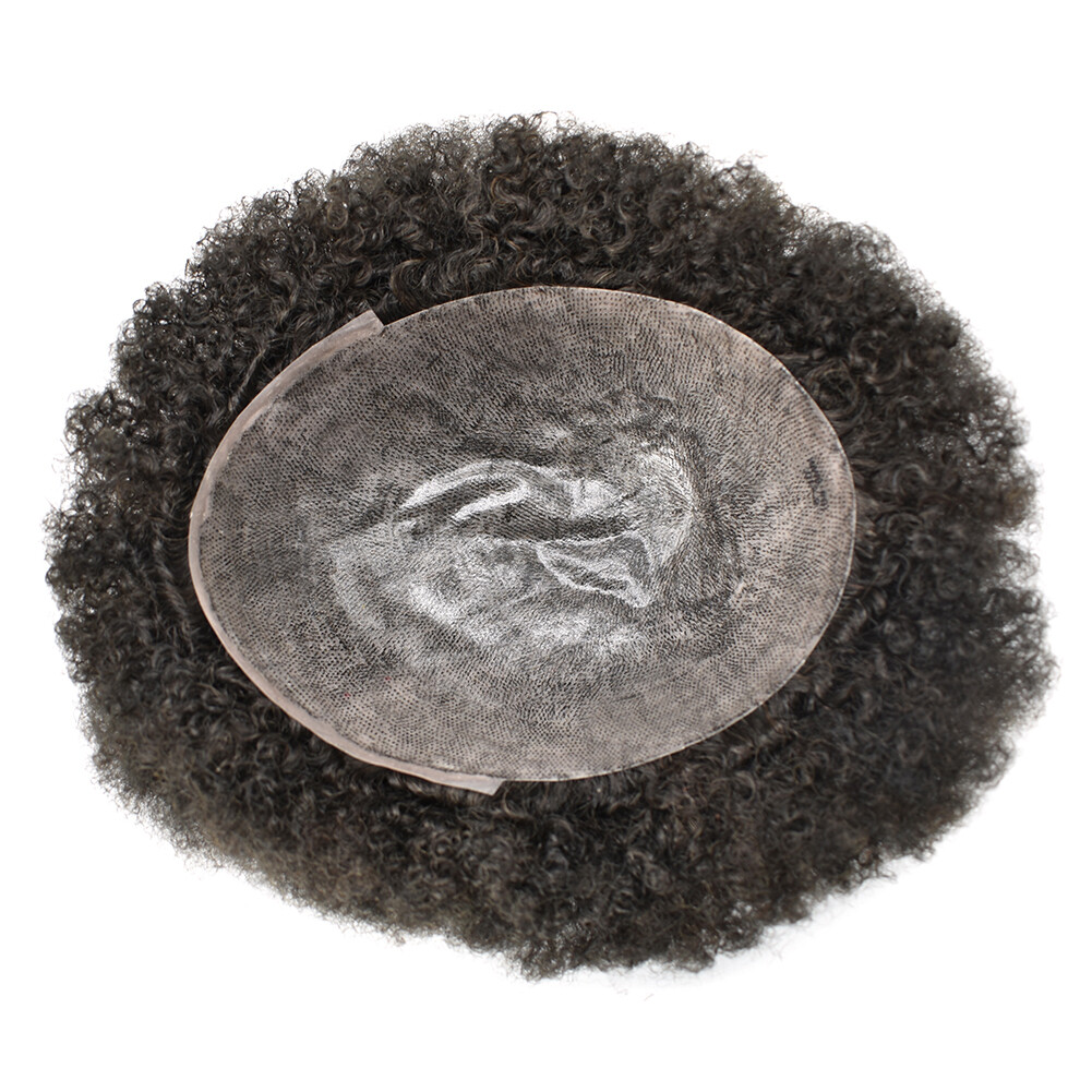 Afro Curly Men Toupee Hairpiece Full Poly Human Hair Replacements Jet Black 6MM