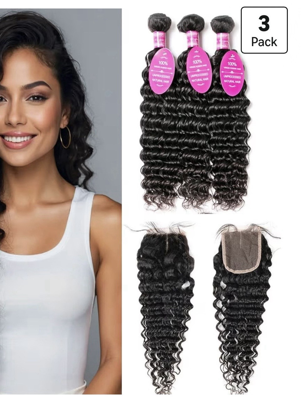 Show Your Beauty Human Hair Deep Wave Bundles + Closure 24 in Black 3pc
