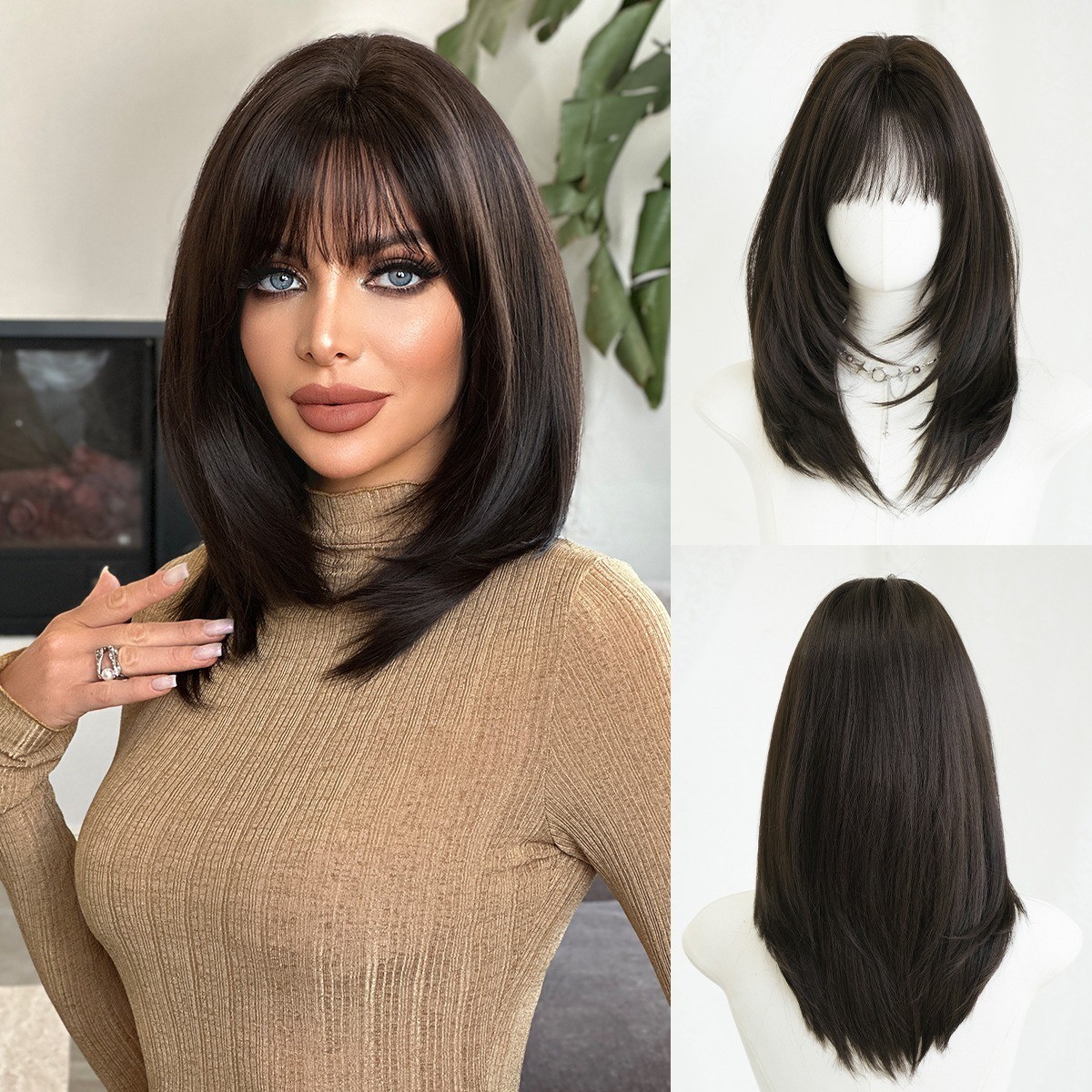 Wig woman black tea-colored shoulder-length straight hair layered wig full head