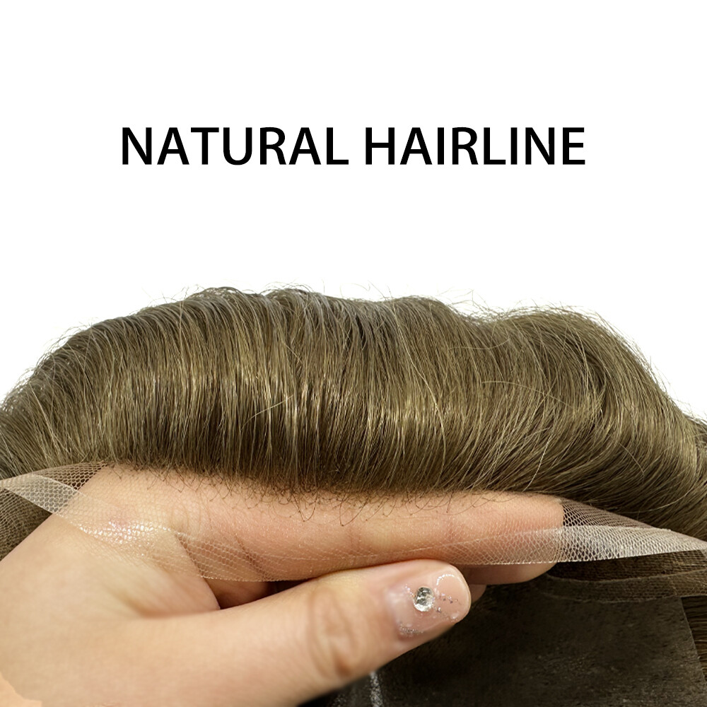 Mens Toupee French Lace Front Hairpieces Poly Skin PU Human Hair Systems for Men
