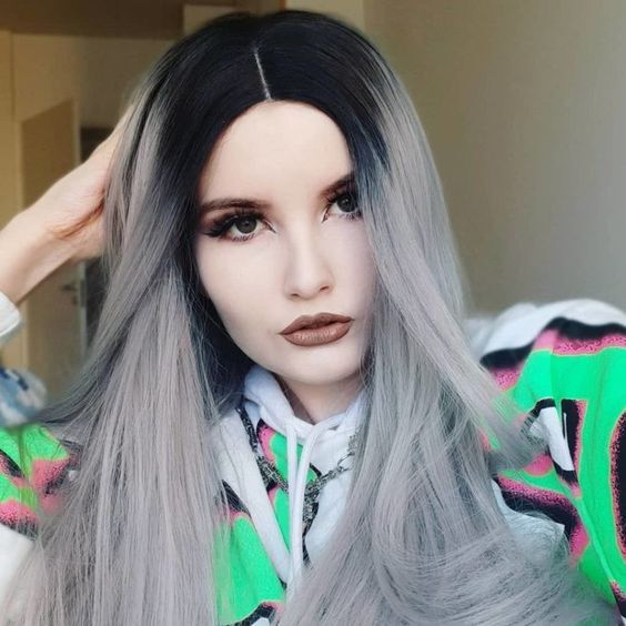 Long Straight Black Grey Ombre Synthetic Wig Heat Safe Pasrty Cos Fashion Wig