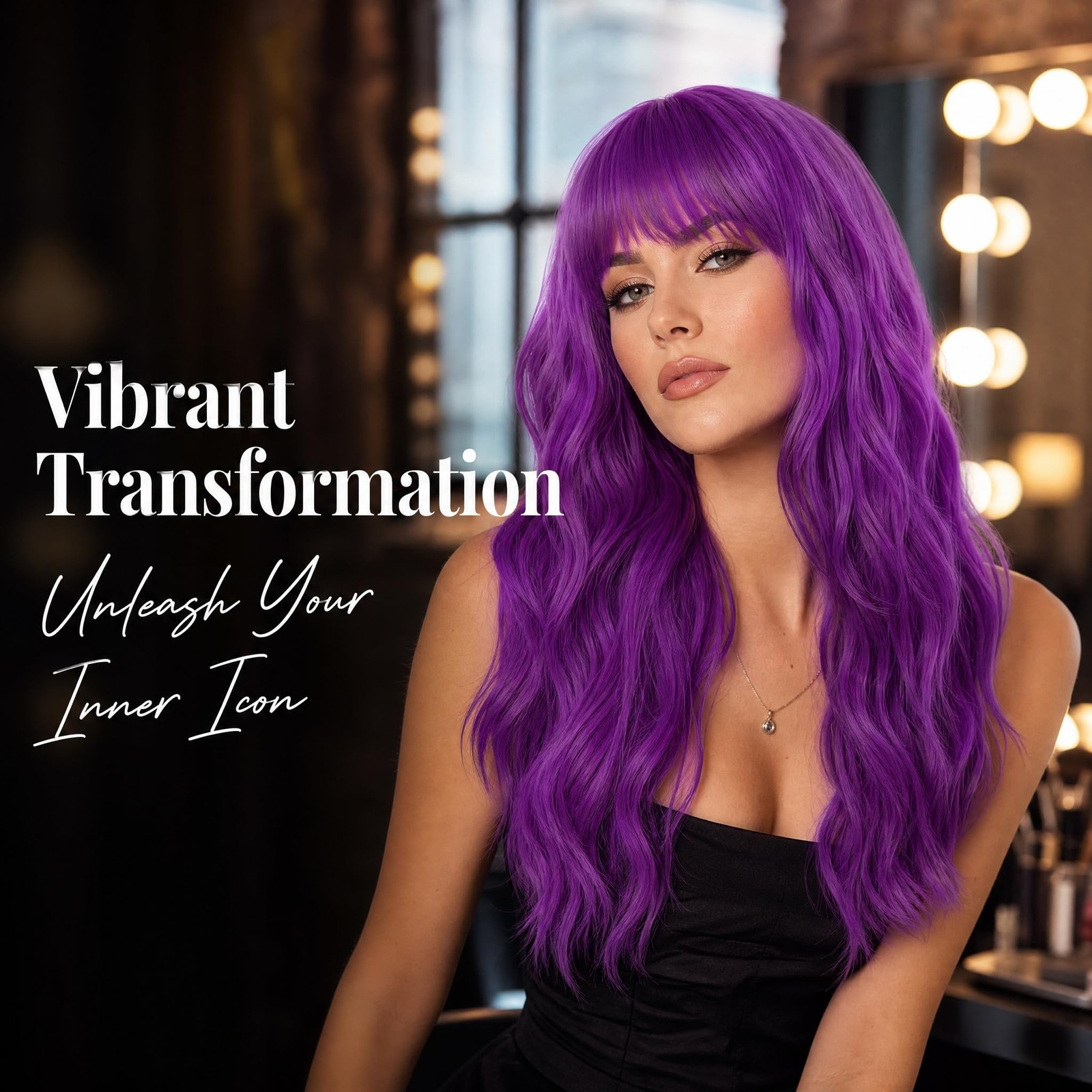 Womens Long Curly Wavy Wig Purple Wigs with Bangs Synthetic Full Wigs for Dai…