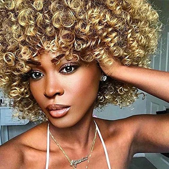 Women Short Blonde Afro Kinky Curly Wig Brown Mixd Blonde Wig Synthetic Hair Wig