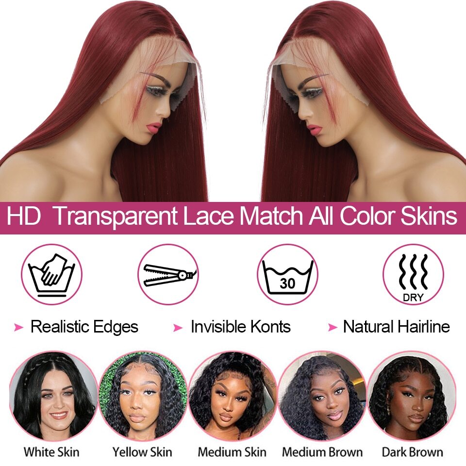 13x4Transparent LaceWigs Synthetic Straight Burgundy Wig Pre Pluck HeatResistant