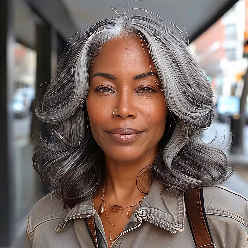 Dark Gray Wigs with Silver Highlight Short Wave 100% Human Hair Lace Front Wigs