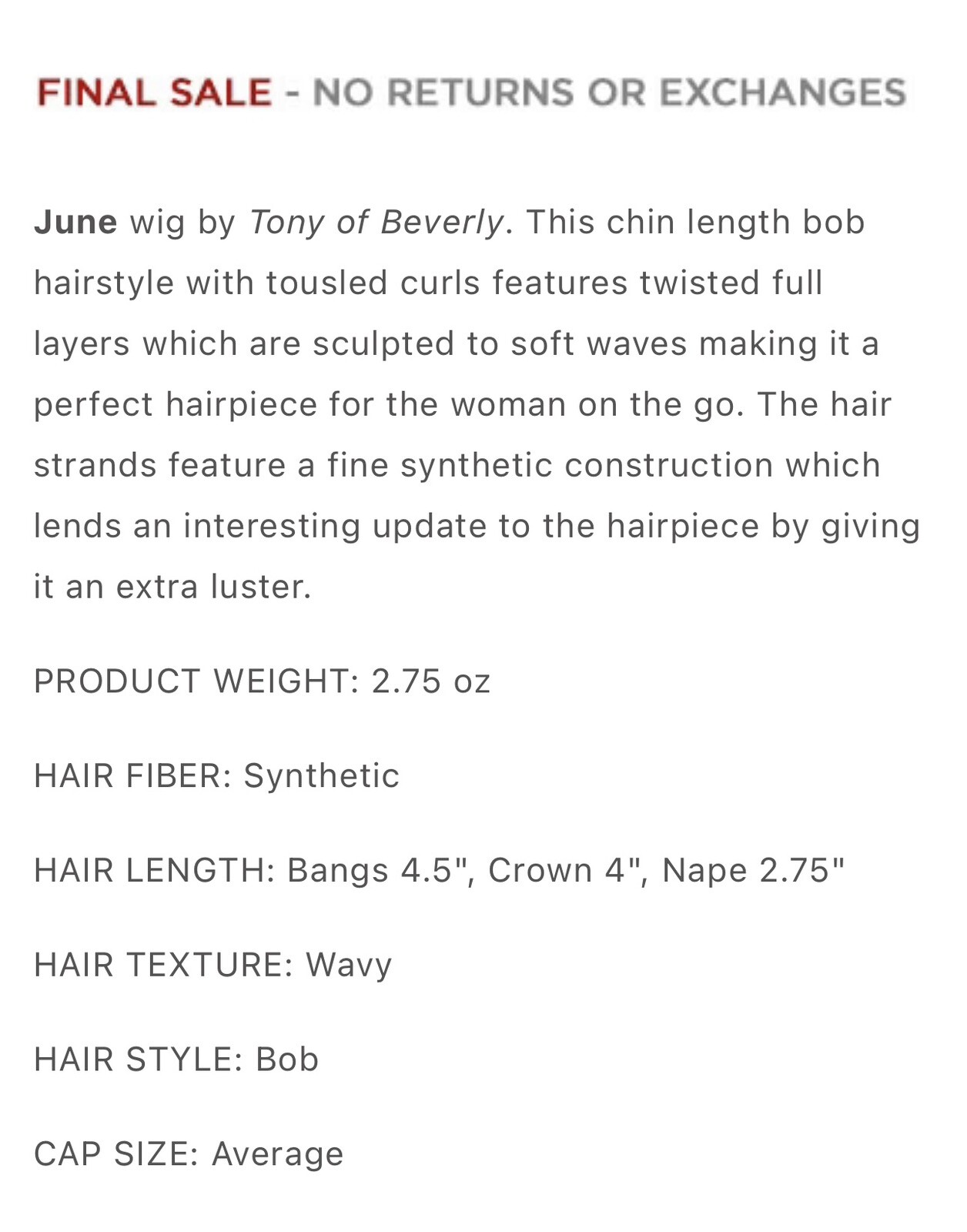 “JUNE” by TONY OF BEVERLY #4 a Dark Brown wavy bob. Discontinued! Reg. $199 ❤️
