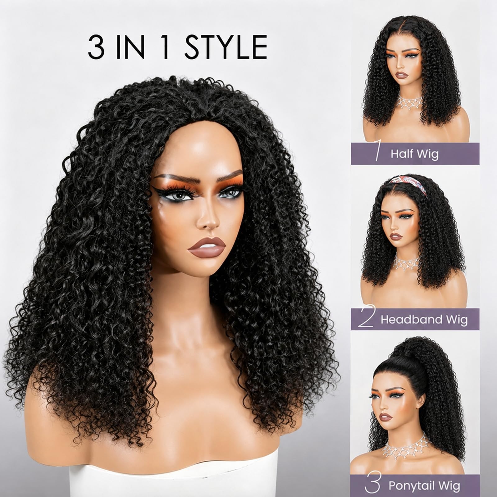 180 Density 16 Inch Half Wig Human Hair, Glueless Drawstring Clip-In, Water Wave