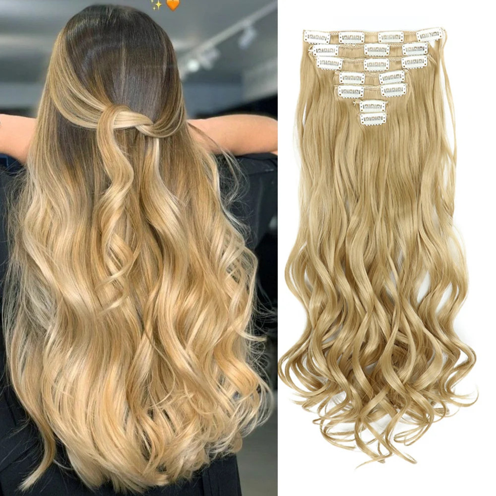 Curly Wavy Clip In Hair Extensions Full Head Synthetic Fake Hair Pieces For Girl