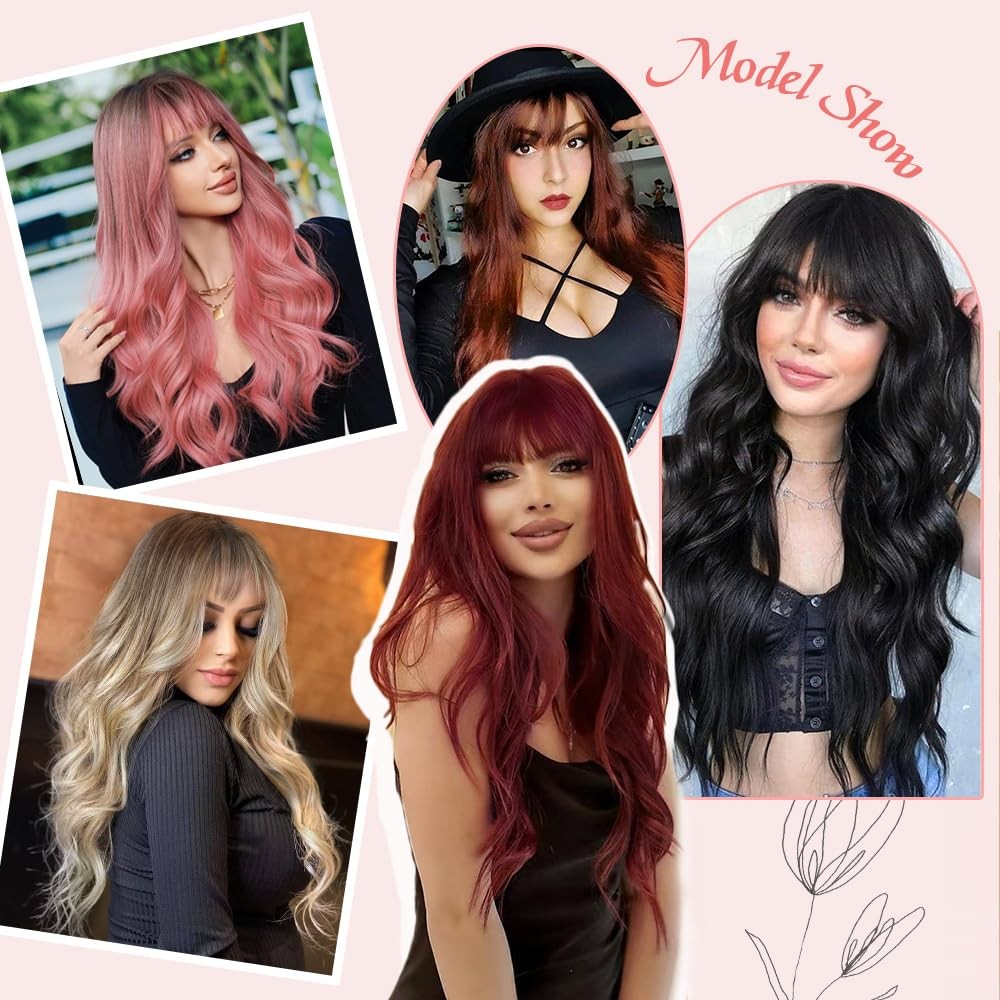 Black Wig with Bangs Curly wavy Wig for Women Long Natural Black wavy wigs skin-