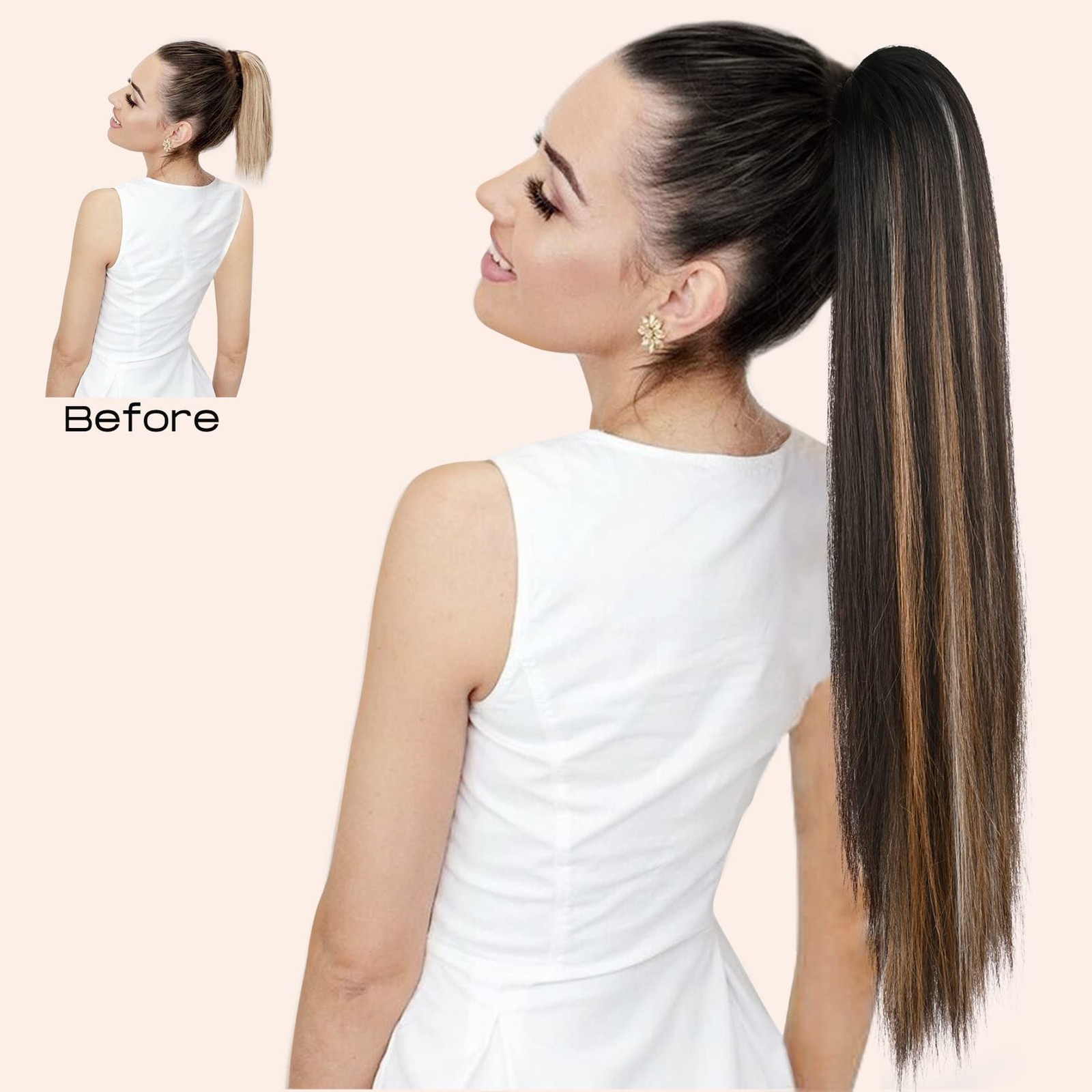 Ponytail Extensions 28 Inch Drawstring Ombre Black Roots Black Caramel Blonde