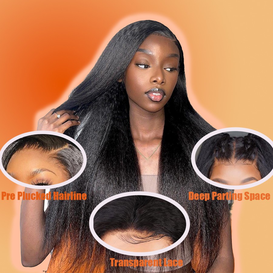 13×4 Kinky Straigh Transparent Lace Natural Color Lace Front Wigs Human Hair