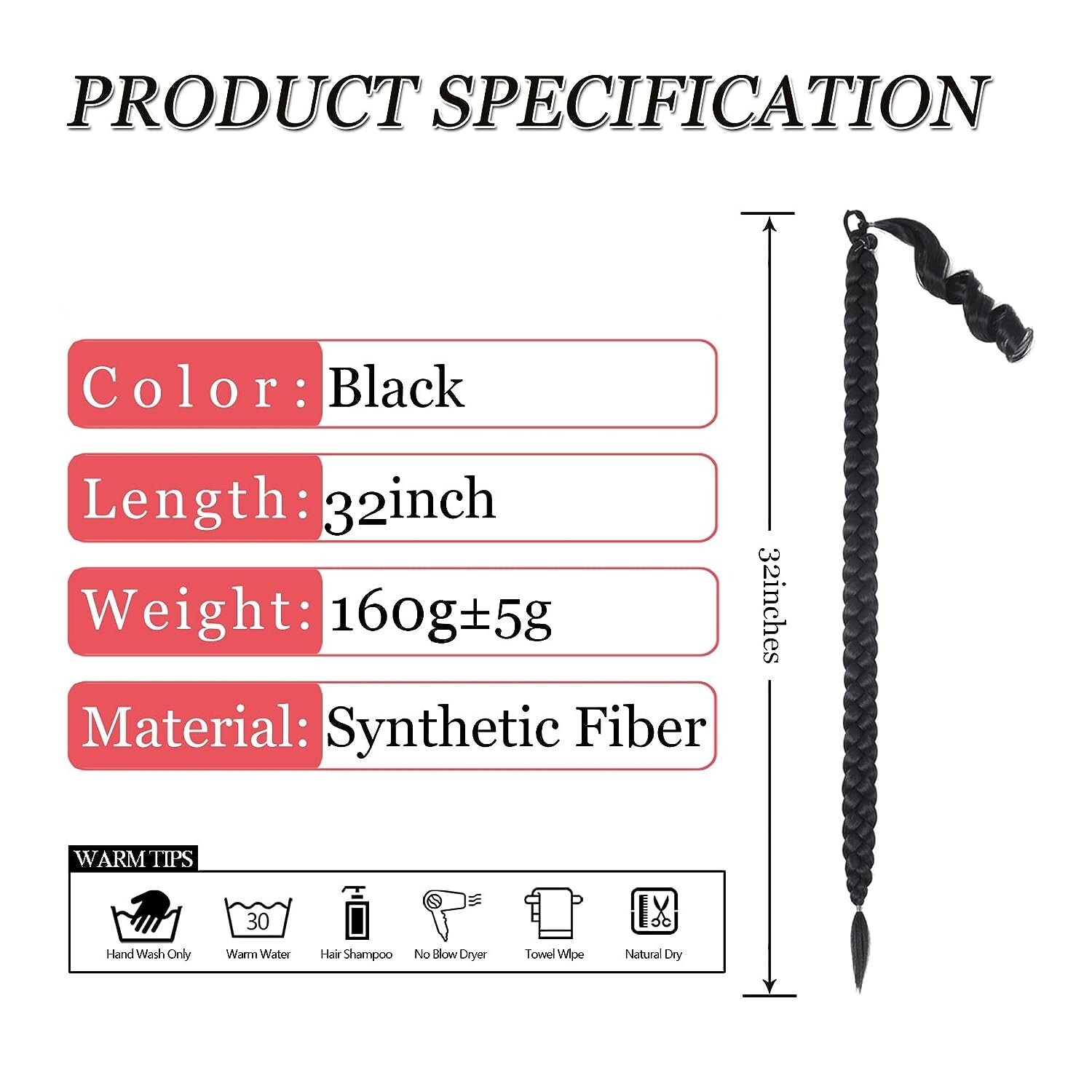 32″ Ponytail Extension Long Straight DIY Braided with Hair Tie (32″-1PCS, Black)