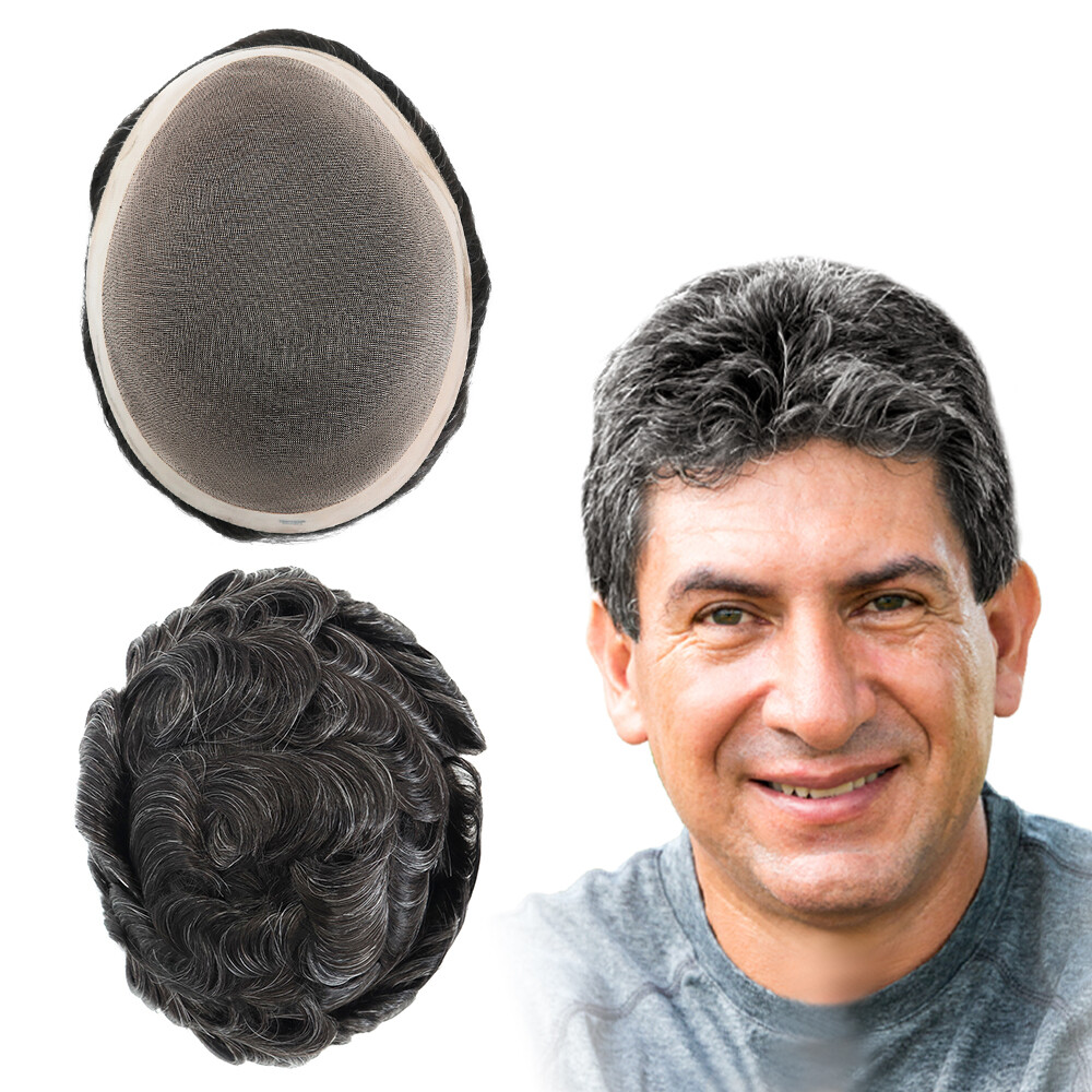 Mens Human Hair Replacement System Hairpiece Fine Mono Poly Skin Gent Toupee8x10