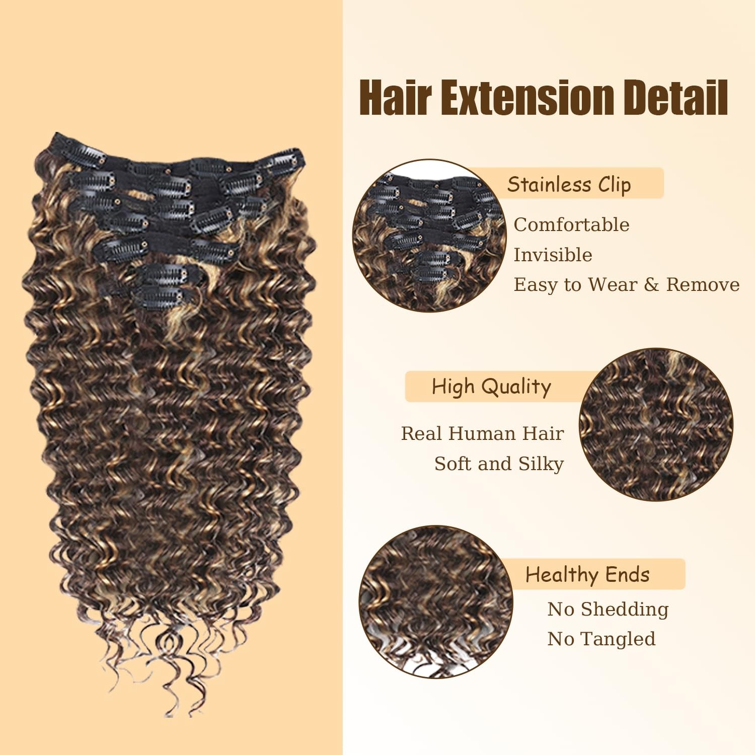 P4/27 Highlight Brown Deep Wave Clip in Hair Extensions – 12 Inch Real Remy H…