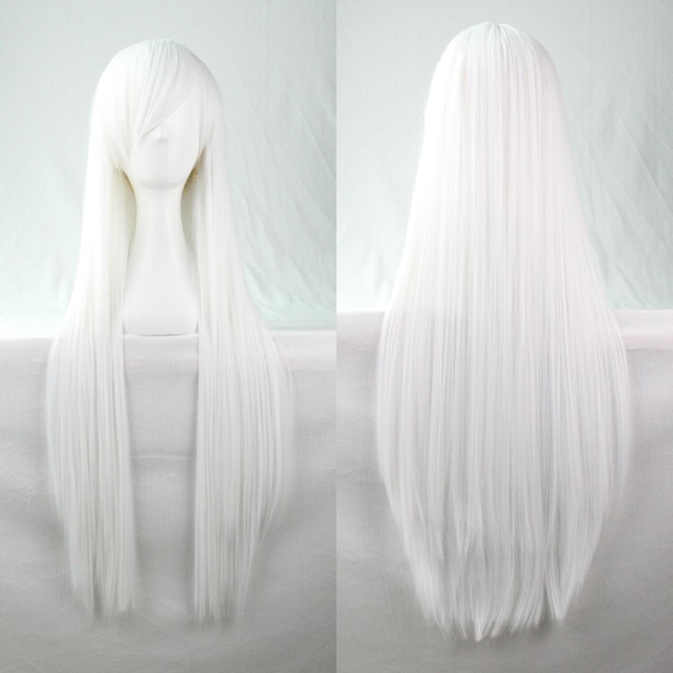 80cm Straight Sleek Long Full Hair Wigs Side Bangs Universal Headgear Anim White