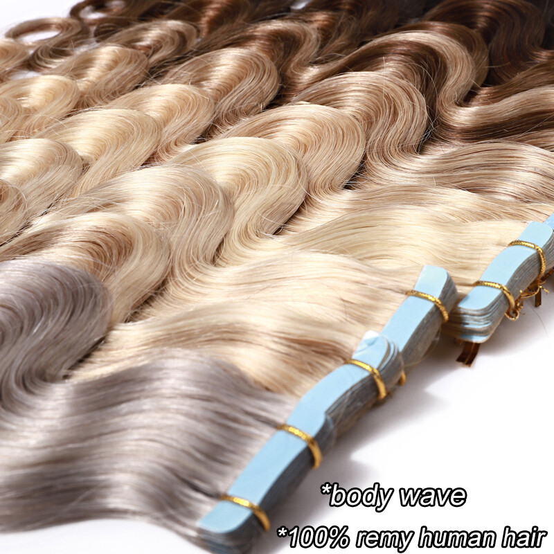 Russian Tape In Human Hair Extensions Virgin PU Skin Weft Full Head Body Wave 18