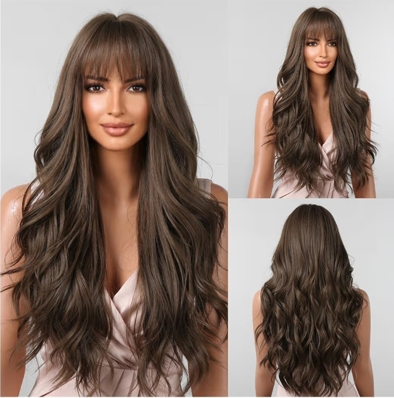 Brown Wavy Wigs 26′ Women Bangs Long Natural Synthetic Hair Wig Daily LC2088-2