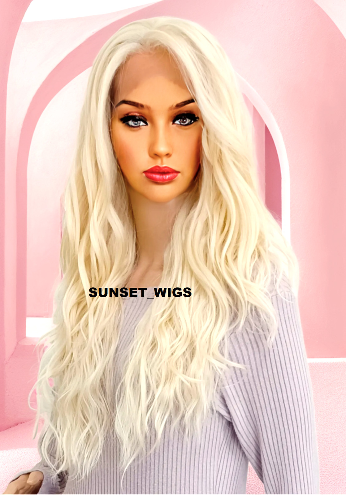 360 FREE PART HUMAN HAIR BLEND LACE FRONT WIG LONG WAVY PLATINUM BLONDE #613A