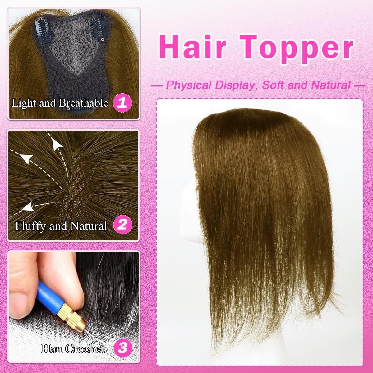 Iwig Hair Toppers for Women Real Human 360° 3D Upgrade Toppers, Light Brown