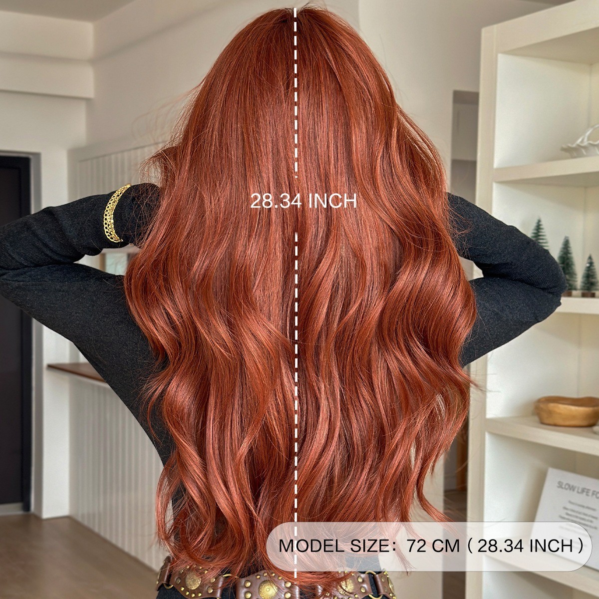 Wig with orange-red curly bangs long hair big waves fluffy texture